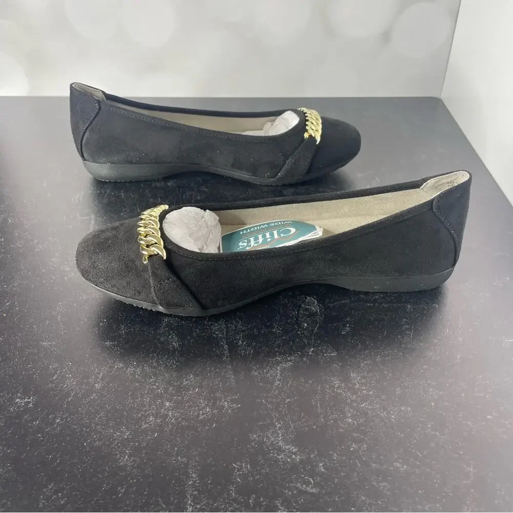 CLIFFS BY WHITE MOUNTAIN Women's Charmed Ballet Flats Black Suedette sz 9W Wide